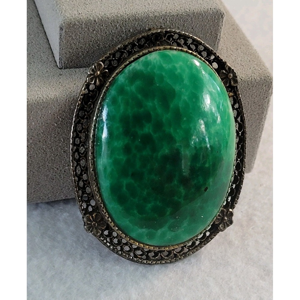Antique Czech Art Deco Peking Glass Brooch Pendant Filigree 1920s 1930s